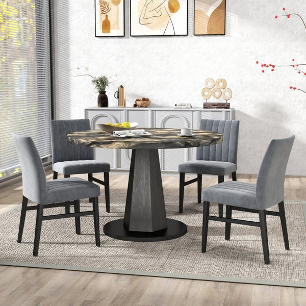 English Elm Cavira Round Faux Marble Dining Set Four Channel Tufted Upholstered Chairs Glam Modern Black and Gold Gray T2574S00426