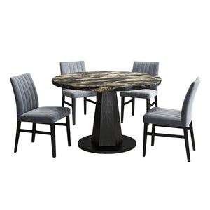 English Elm Cavira Round Faux Marble Dining Set Four Channel Tufted Upholstered Chairs Glam Modern Black and Gold Gray T2574S00426