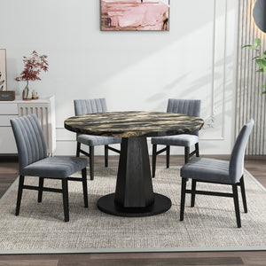 English Elm Cavira Round Faux Marble Dining Set Four Channel Tufted Upholstered Chairs Glam Modern Black and Gold Gray T2574S00426