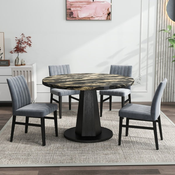 English Elm Cavira Round Faux Marble Dining Set Four Channel Tufted Upholstered Chairs Glam Modern Black and Gold Gray T2574S00426