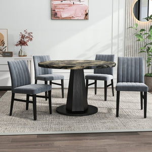 English Elm Cavira Round Faux Marble Dining Set Four Channel Tufted Upholstered Chairs Glam Modern Black and Gold Gray T2574S00426