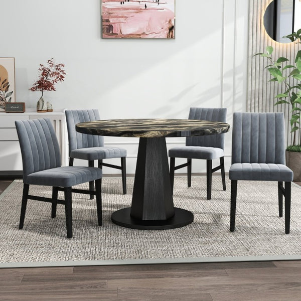 English Elm Cavira Round Faux Marble Dining Set Four Channel Tufted Upholstered Chairs Glam Modern Black and Gold Gray T2574S00426