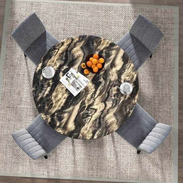 English Elm Cavira Round Faux Marble Dining Set Four Channel Tufted Upholstered Chairs Glam Modern Black and Gold Gray T2574S00426