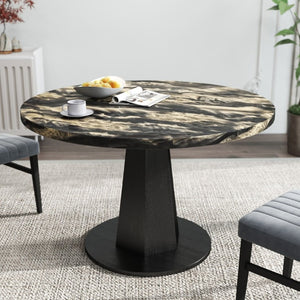 English Elm Cavira Round Faux Marble Dining Set Four Channel Tufted Upholstered Chairs Glam Modern Black and Gold Gray T2574S00426