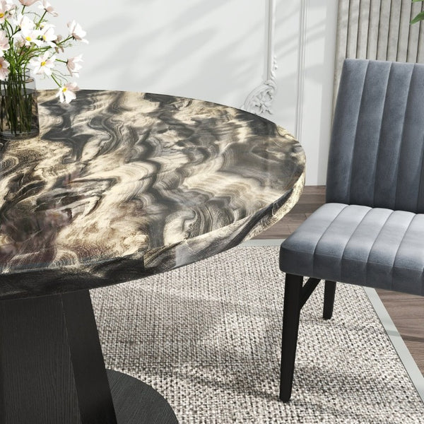 English Elm Cavira Round Faux Marble Dining Set Four Channel Tufted Upholstered Chairs Glam Modern Black and Gold Gray T2574S00426