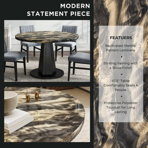 English Elm Cavira Round Faux Marble Dining Set Four Channel Tufted Upholstered Chairs Glam Modern Black and Gold Gray T2574S00426