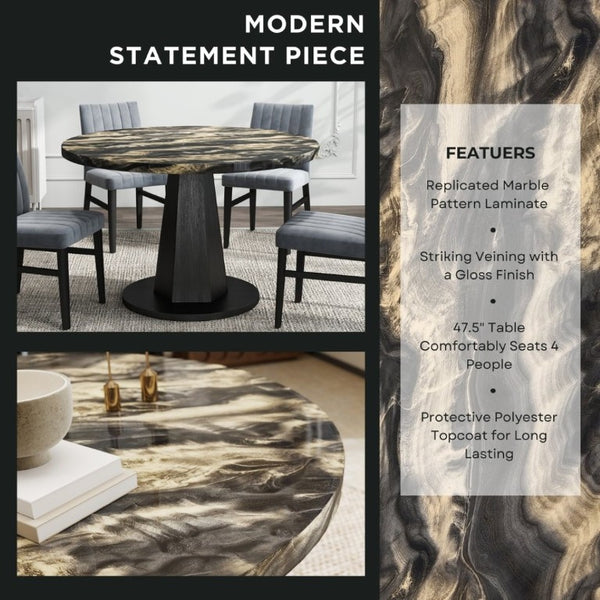 English Elm Cavira Round Faux Marble Dining Set Four Channel Tufted Upholstered Chairs Glam Modern Black and Gold Gray T2574S00426
