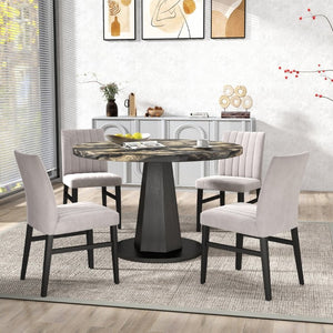 English Elm Cavira Round Faux Marble Dining Set Four Channel Tufted Upholstered Chairs Glam Modern Black and Gold Tan T2574S00427