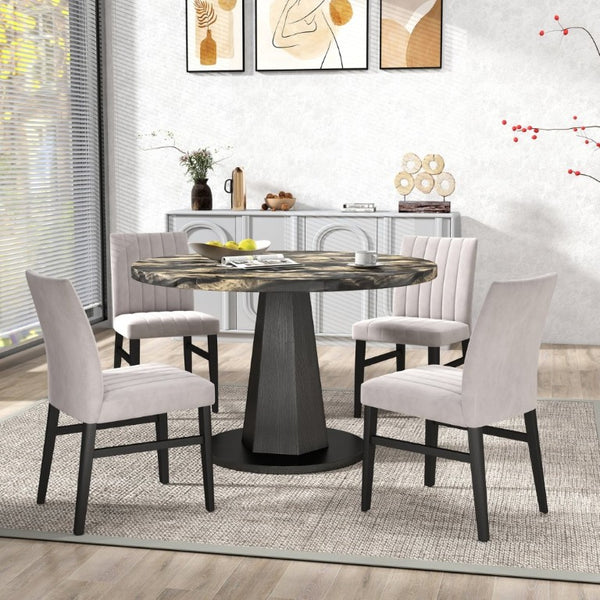 English Elm Cavira Round Faux Marble Dining Set Four Channel Tufted Upholstered Chairs Glam Modern Black and Gold Tan T2574S00427