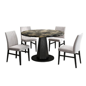English Elm Cavira Round Faux Marble Dining Set Four Channel Tufted Upholstered Chairs Glam Modern Black and Gold Tan T2574S00427