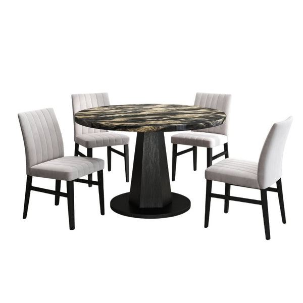 English Elm Cavira Round Faux Marble Dining Set Four Channel Tufted Upholstered Chairs Glam Modern Black and Gold Tan T2574S00427