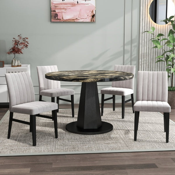 English Elm Cavira Round Faux Marble Dining Set Four Channel Tufted Upholstered Chairs Glam Modern Black and Gold Tan T2574S00427