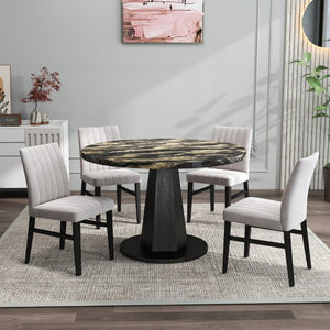 English Elm Cavira Round Faux Marble Dining Set Four Channel Tufted Upholstered Chairs Glam Modern Black and Gold Tan T2574S00427