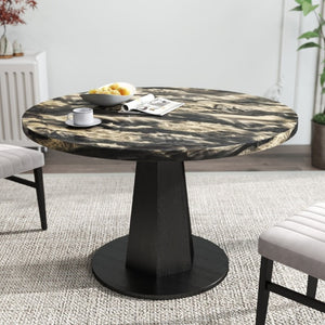 English Elm Cavira Round Faux Marble Dining Set Four Channel Tufted Upholstered Chairs Glam Modern Black and Gold Tan T2574S00427
