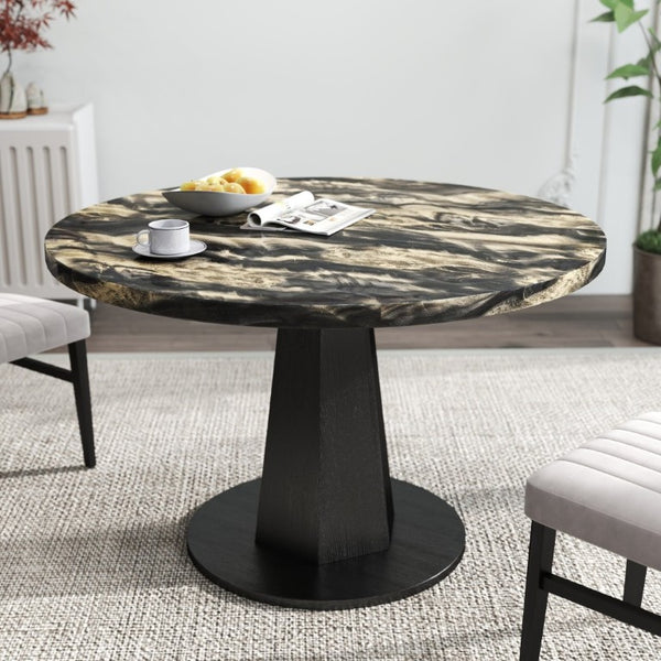 English Elm Cavira Round Faux Marble Dining Set Four Channel Tufted Upholstered Chairs Glam Modern Black and Gold Tan T2574S00427