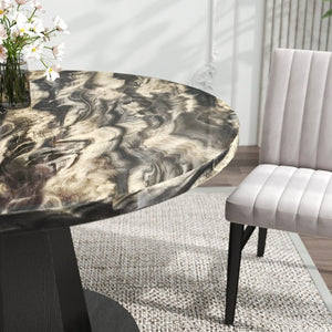 English Elm Cavira Round Faux Marble Dining Set Four Channel Tufted Upholstered Chairs Glam Modern Black and Gold Tan T2574S00427