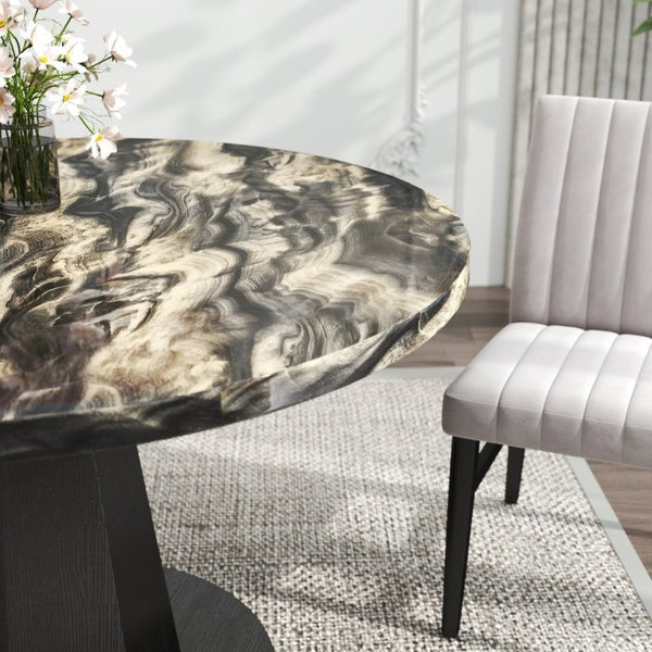 English Elm Cavira Round Faux Marble Dining Set Four Channel Tufted Upholstered Chairs Glam Modern Black and Gold Tan T2574S00427