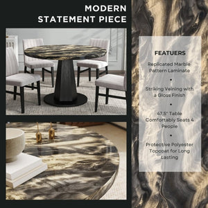 English Elm Cavira Round Faux Marble Dining Set Four Channel Tufted Upholstered Chairs Glam Modern Black and Gold Tan T2574S00427