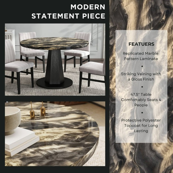 English Elm Cavira Round Faux Marble Dining Set Four Channel Tufted Upholstered Chairs Glam Modern Black and Gold Tan T2574S00427