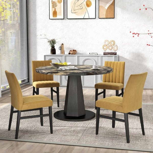 English Elm Cavira Round Faux Marble Dining Set Four Channel Tufted Upholstered Chairs Glam Modern Black and Gold Yellow T2574S00428