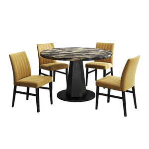 English Elm Cavira Round Faux Marble Dining Set Four Channel Tufted Upholstered Chairs Glam Modern Black and Gold Yellow T2574S00428