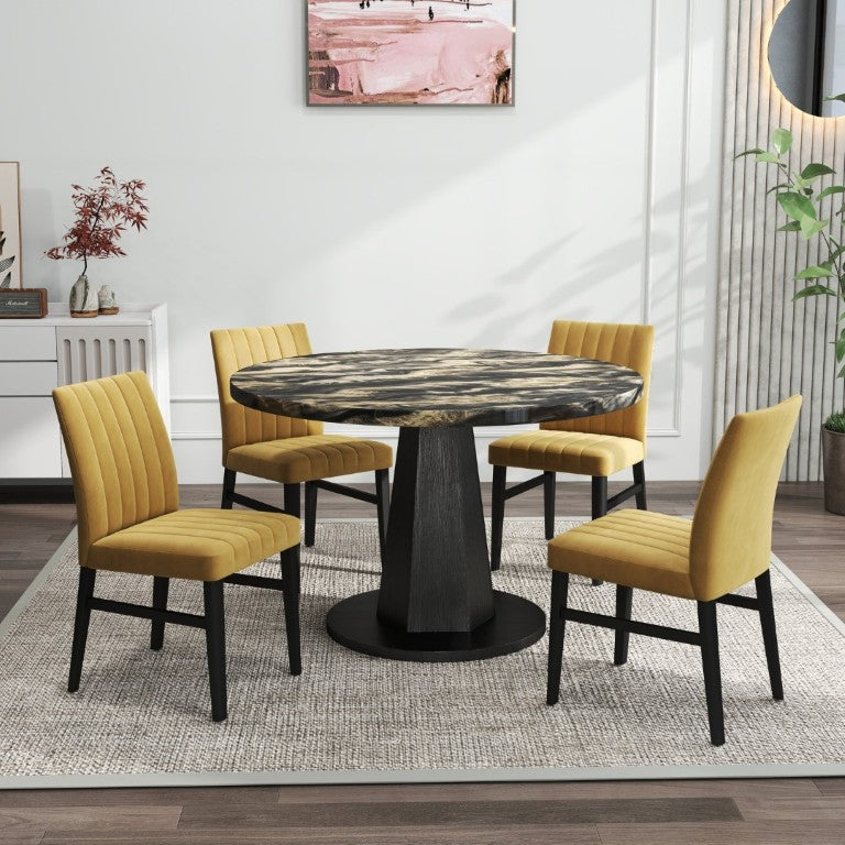 English Elm Cavira Round Faux Marble Dining Set Four Channel Tufted Upholstered Chairs Glam Modern Black and Gold Yellow T2574S00428
