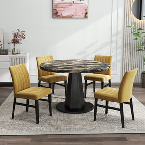English Elm Cavira Round Faux Marble Dining Set Four Channel Tufted Upholstered Chairs Glam Modern Black and Gold Yellow T2574S00428