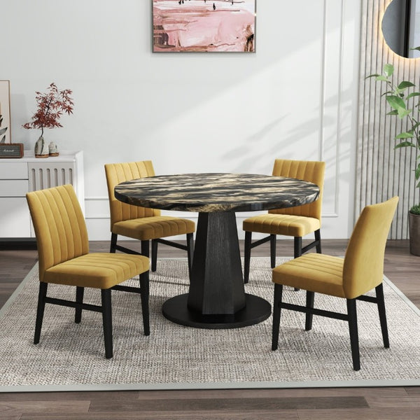 English Elm Cavira Round Faux Marble Dining Set Four Channel Tufted Upholstered Chairs Glam Modern Black and Gold Yellow T2574S00428