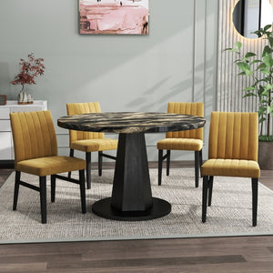 English Elm Cavira Round Faux Marble Dining Set Four Channel Tufted Upholstered Chairs Glam Modern Black and Gold Yellow T2574S00428