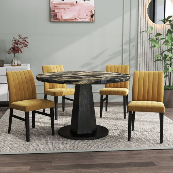 English Elm Cavira Round Faux Marble Dining Set Four Channel Tufted Upholstered Chairs Glam Modern Black and Gold Yellow T2574S00428