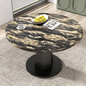 English Elm Cavira Round Faux Marble Dining Set Four Channel Tufted Upholstered Chairs Glam Modern Black and Gold Yellow T2574S00428