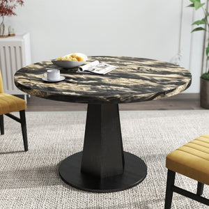 English Elm Cavira Round Faux Marble Dining Set Four Channel Tufted Upholstered Chairs Glam Modern Black and Gold Yellow T2574S00428