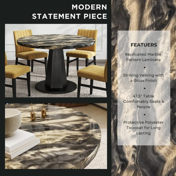 English Elm Cavira Round Faux Marble Dining Set Four Channel Tufted Upholstered Chairs Glam Modern Black and Gold Yellow T2574S00428