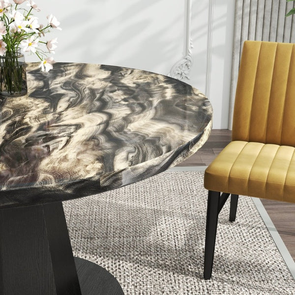 English Elm Cavira Round Faux Marble Dining Set Four Channel Tufted Upholstered Chairs Glam Modern Black and Gold Yellow T2574S00428
