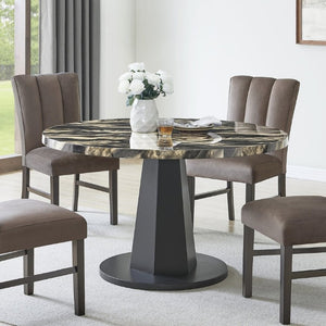 English Elm Cavira Round Faux Marble Dining Set Seats Four with Upholstered Espresso Chairs Black, Chocolate, Gold T2574S00429