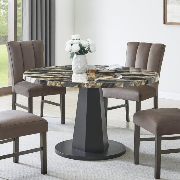 English Elm Cavira Round Faux Marble Dining Set Seats Four with Upholstered Espresso Chairs Black, Chocolate, Gold T2574S00429