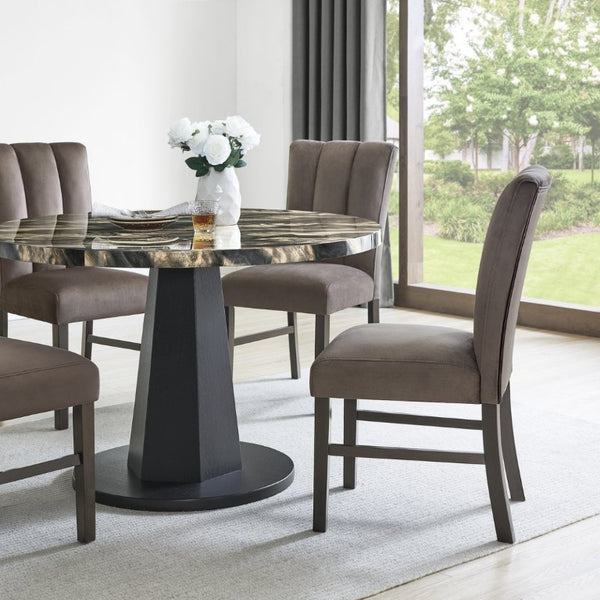 English Elm Cavira Round Faux Marble Dining Set Seats Four with Upholstered Espresso Chairs Black, Chocolate, Gold T2574S00429