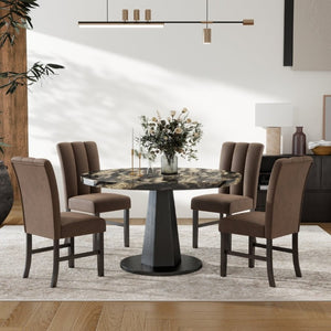 English Elm Cavira Round Faux Marble Dining Set Seats Four with Upholstered Espresso Chairs Black, Chocolate, Gold T2574S00429
