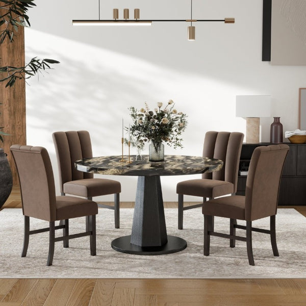 English Elm Cavira Round Faux Marble Dining Set Seats Four with Upholstered Espresso Chairs Black, Chocolate, Gold T2574S00429