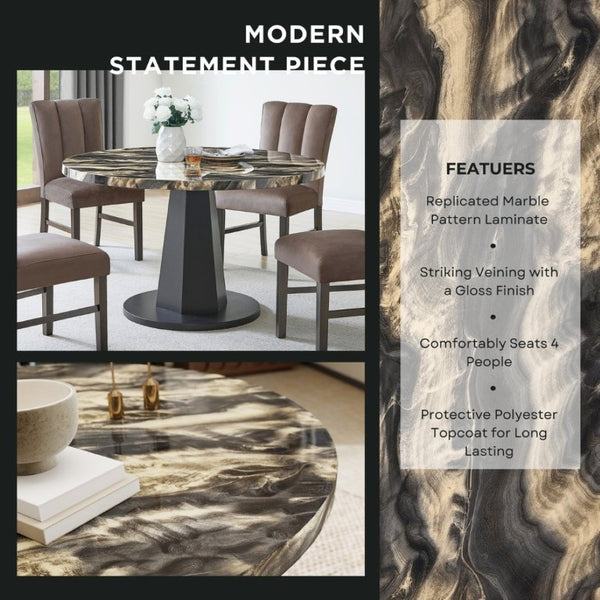 English Elm Cavira Round Faux Marble Dining Set Seats Four with Upholstered Espresso Chairs Black, Chocolate, Gold T2574S00429