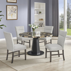 English Elm Cavira Round Faux Marble 5 Piece Dining Set with Pedestal Base and Gray Upholstered Chairs Black and Gold Faux Marble T2574S00430