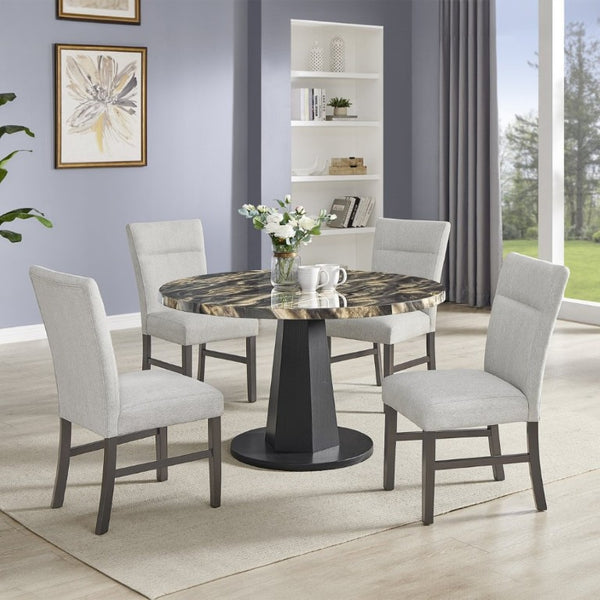 English Elm Cavira Round Faux Marble 5 Piece Dining Set with Pedestal Base and Gray Upholstered Chairs Black and Gold Faux Marble T2574S00430