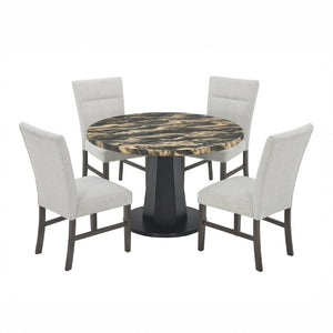 English Elm Cavira Round Faux Marble 5 Piece Dining Set with Pedestal Base and Gray Upholstered Chairs Black and Gold Faux Marble T2574S00430