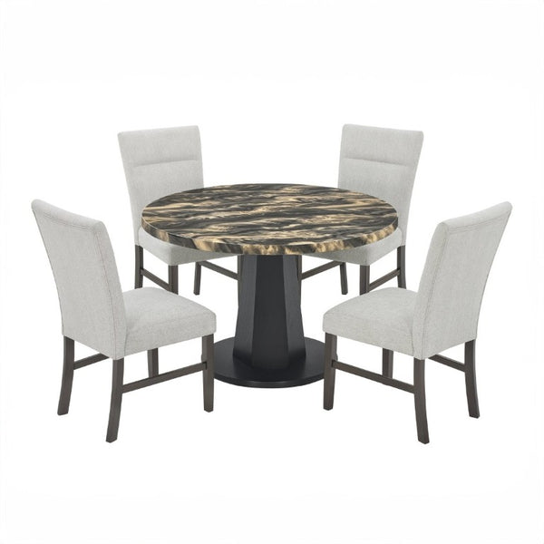English Elm Cavira Round Faux Marble 5 Piece Dining Set with Pedestal Base and Gray Upholstered Chairs Black and Gold Faux Marble T2574S00430