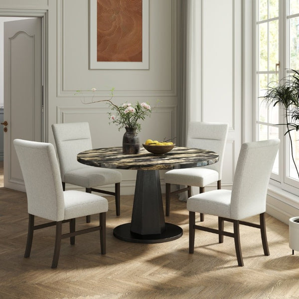 English Elm Cavira Round Faux Marble 5 Piece Dining Set with Pedestal Base and Gray Upholstered Chairs Black and Gold Faux Marble T2574S00430