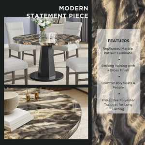 English Elm Cavira Round Faux Marble 5 Piece Dining Set with Pedestal Base and Gray Upholstered Chairs Black and Gold Faux Marble T2574S00430