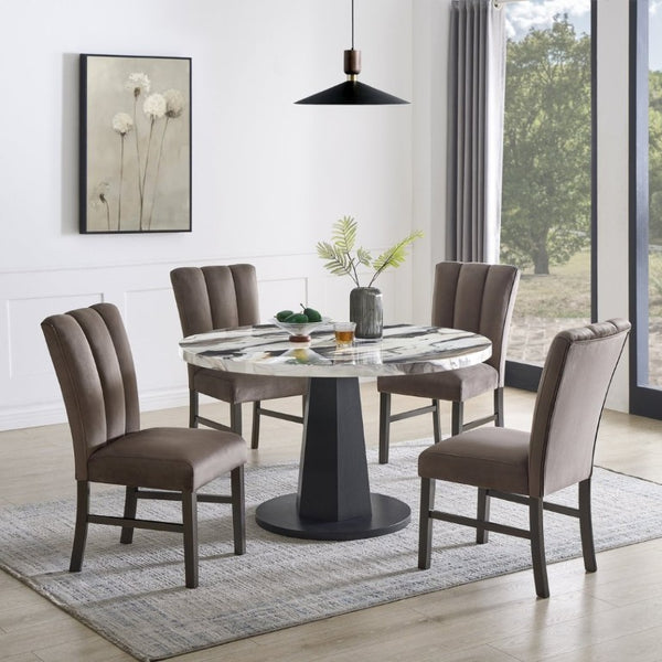 English Elm Cavira Round Faux Marble Dining Set Seats Four with Upholstered Espresso Chairs Black, Chocolate, Gold, Off White T2574S00431