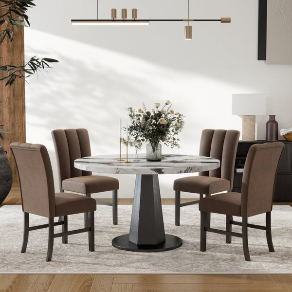 English Elm Cavira Round Faux Marble Dining Set Seats Four with Upholstered Espresso Chairs Black, Chocolate, Gold, Off White T2574S00431