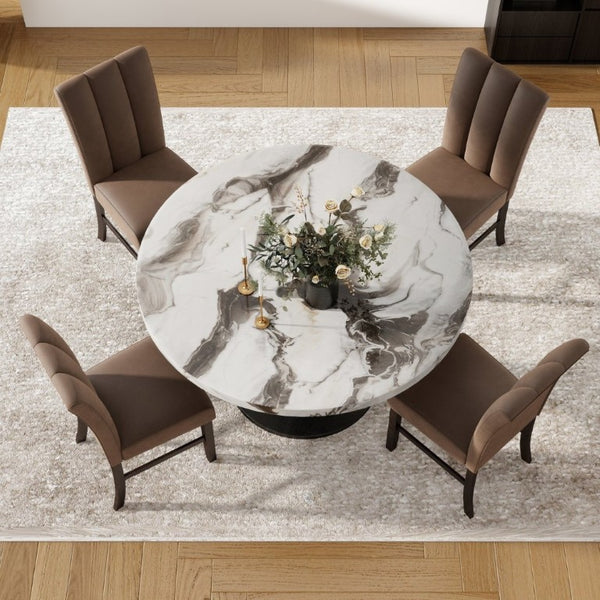 English Elm Cavira Round Faux Marble Dining Set Seats Four with Upholstered Espresso Chairs Black, Chocolate, Gold, Off White T2574S00431