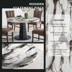 English Elm Cavira Round Faux Marble Dining Set Seats Four with Upholstered Espresso Chairs Black, Chocolate, Gold, Off White T2574S00431